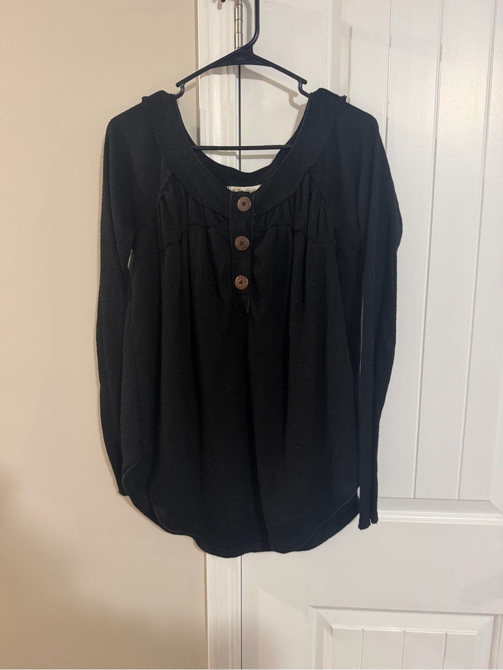 We The Free Free People Black Waffle Knit Thermal Henley Top Long Sleeve S